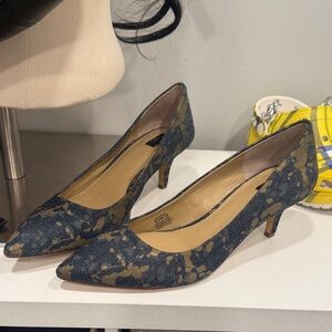 G.I.L.I. Denim and Gold Patterned Heels